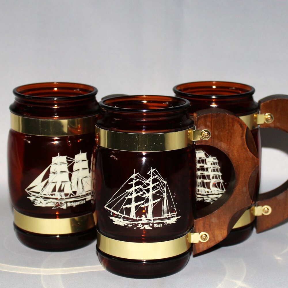 Set of 5 Vintage Siesta Ware Amber Brown Glass Mugs | Nautical Mugs | Ship Stein